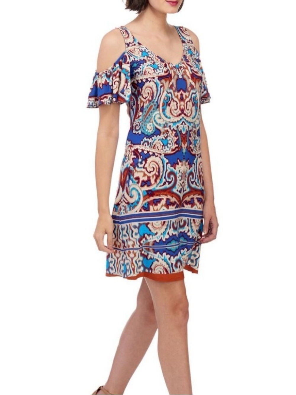 MSK-Paisley Cold Shoulder Shift Dress - Picture 2 of 10